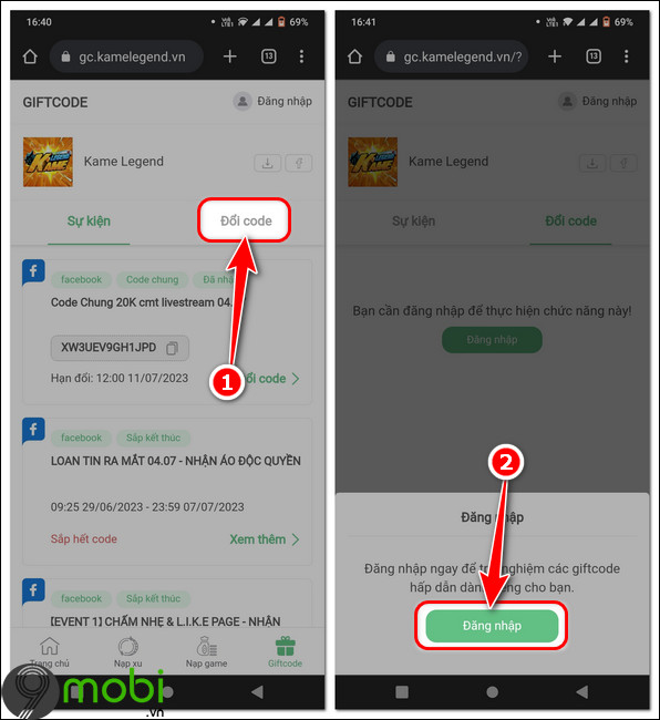 nhap giftcode game kame legend tren Android