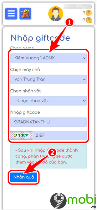 doi code game kiem vuong 1 adnx mobile